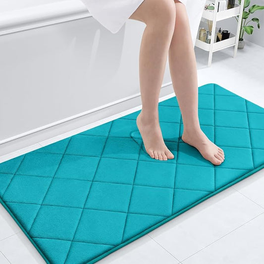 OLANLY Memory Foam Bath Mat 44x24, Ultra Soft and Absorbent Bathroom Rugs, Machine Washable, Comfortable Bath Carpet for Bathroom Floor, Tub and Shower, Teal
