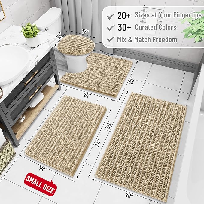 Arotive Luxury Chenille Bathroom Rug Mat, Extra Soft Thick Absorbent Shaggy Bath Rugs, Non-Slip Machine Wash Dry, Plush Bath Mats for Bathroom, Shower and Tub, 54x24, Beige