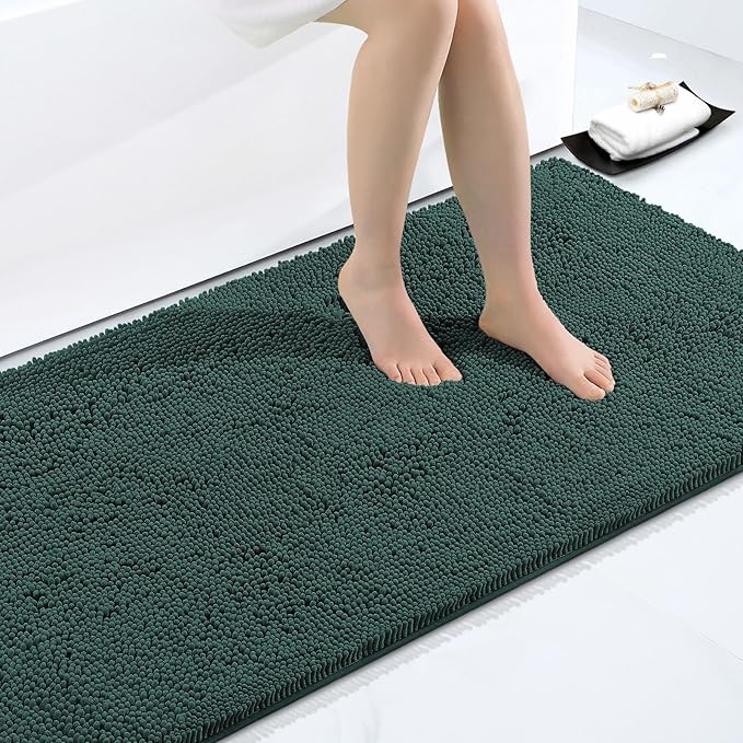 Smiry Luxury Chenille Bathroom Rugs 59x35, Extra Soft and Absorbent Shaggy Bath Mat, Machine Washable, Non-Slip Plush Carpet Runner for Tub, Shower, and Floor, Home Decor Accessories, Green