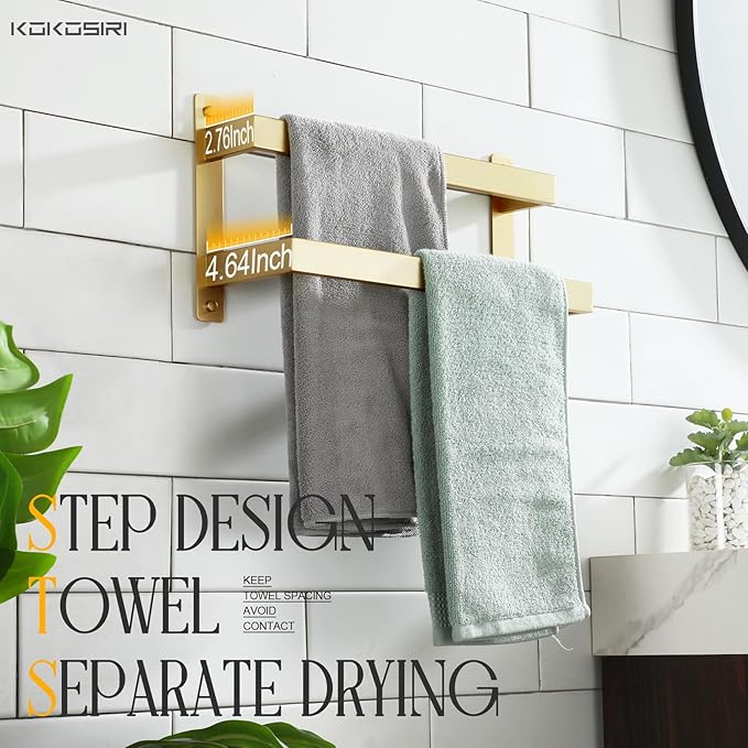 KOKOSIRI 16'' Towel Bars Bathroom 2-Tiers Ladder Brushed Gold Towel Rails Towel Holders Wall Mounted Towels Shelves Rack Stainless Steel, B5008BG-L16
