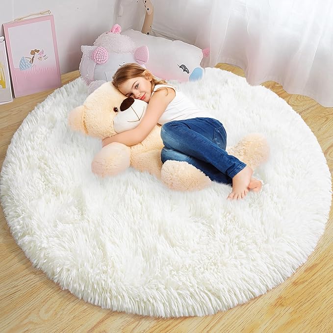 Round Fluffy Rugs 6Ft for Girls Bedroom, Cream White Shag Circle Kids Rug Non-Slip for Bedside Dorm Nursery Playroom, Soft Cute Area Rugs for Living Room Decor