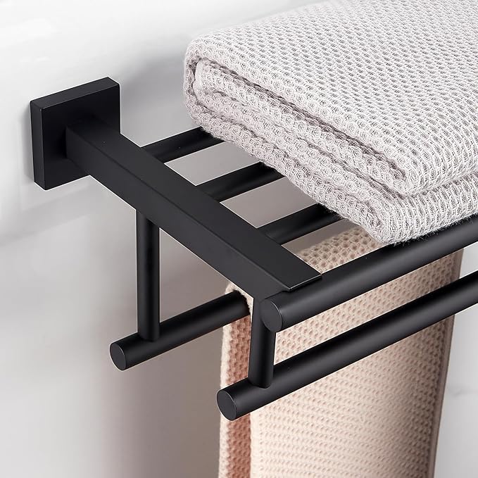 Towel Rack for Bathroom 24 Inch Wall Mounted Towel Rack Matte Black Towel Shelf with Double Towel Bar SUS304 Stainless Steel Towel Holder for Bathroom Wall Hotel Towel Rail