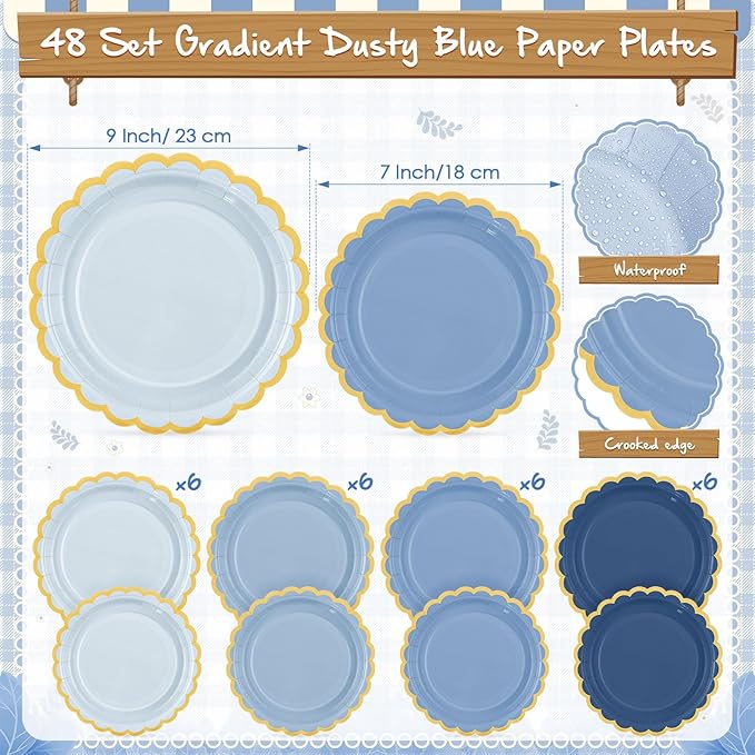 Mimorou 342 Pcs Dusty Blue Party Supplies Blue Tableware Paper Disposable Plates Napkins Cups Plastic Tablecloth Navy Triangle Banner for Winter Wedding Bachelorette Birthday