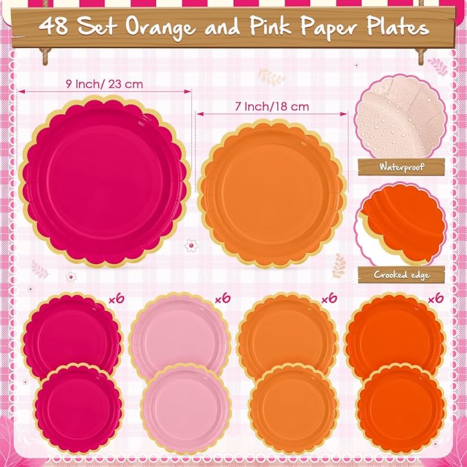 Mimorou 342 Pcs Pink and Orange Party Supplies Fall Tableware Paper Disposable Plates Napkins Cups Plastic Tablecloth Sage Golden Triangle Banner for Wedding Bachelorette Birthday