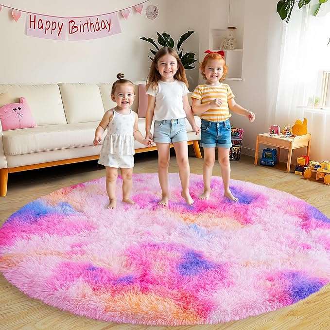 Round Fluffy Rugs 8Ft for Girls Bedroom, Dark Rainbow Shag Circle Kids Rug Non-Slip for Bedside Dorm Nursery Playroom, Soft Cute Area Rugs for Living Room Decor