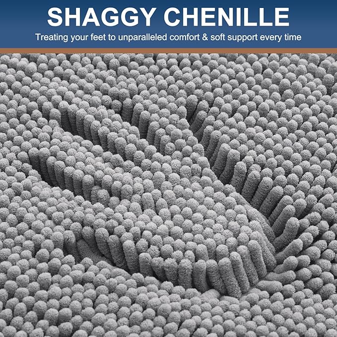 Smiry Luxury Chenille Bathroom Rugs 48x32, Extra Soft and Absorbent Shaggy Bath Mat, Machine Washable, Non-Slip Plush Carpet Runner for Tub, Shower, and Floor, Home Decor Accessories, Grey