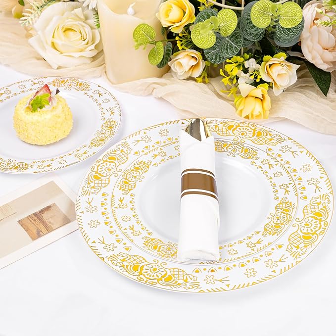 GATHER 350PCS White and Gold Plastic Plates - Gold Disposable Dinnerware Set Include 50 Dinner Plates, 50 Dessert Plates, 150 Gold Plastic Silverware, 50 Napkins, 50 Cups for Wedding & Christmas