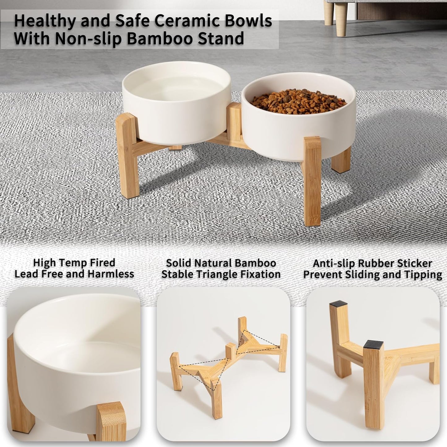 Elevated Bamboo Dog Bowl Stand – Ceramic Bowls & Non-Slip Design