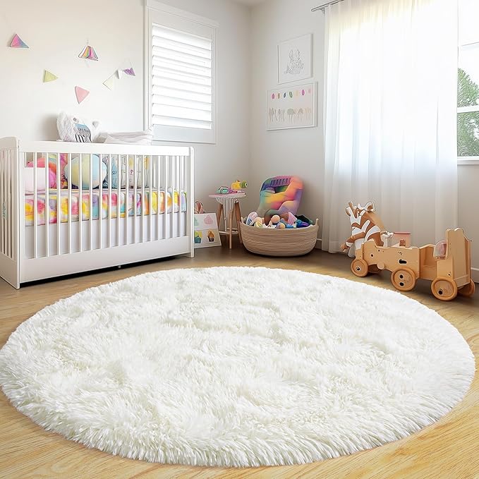 Round Fluffy Rugs 6Ft for Girls Bedroom, Cream White Shag Circle Kids Rug Non-Slip for Bedside Dorm Nursery Playroom, Soft Cute Area Rugs for Living Room Decor
