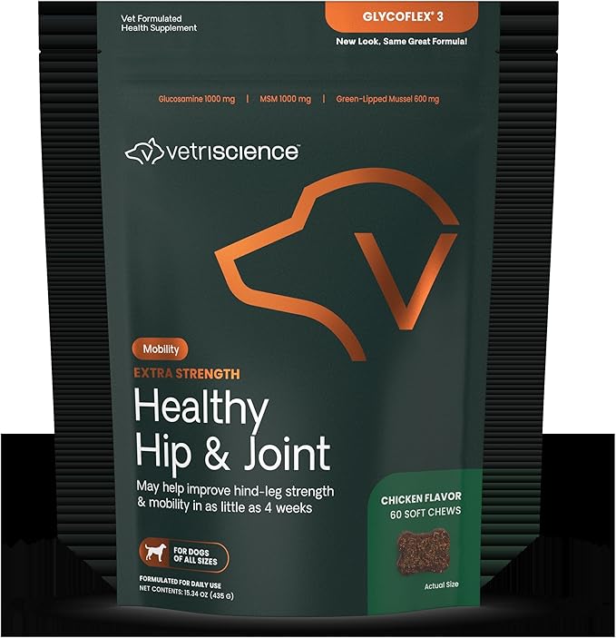 VetriScience Extra Strength Healthy Hip & Joint Chews, GlycoFlex Glucosamine and Green-Lipped Mussel Joint Support Supplement for Dogs, Promote Mobility & Soothe Joint Discomfort, Chicken, 60 Count