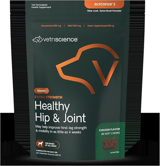 VetriScience Extra Strength Healthy Hip & Joint Chews, GlycoFlex Glucosamine and Green-Lipped Mussel Joint Support Supplement for Dogs, Promote Mobility & Soothe Joint Discomfort, Chicken, 60 Count