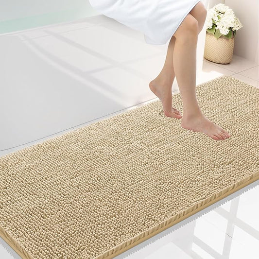 Smiry Luxury Chenille Bathroom Rugs 59x24, Extra Soft and Absorbent Shaggy Bath Mat, Machine Washable, Non-Slip Plush Carpet Runner for Tub, Shower, and Floor, Home Decor Accessories, Beige