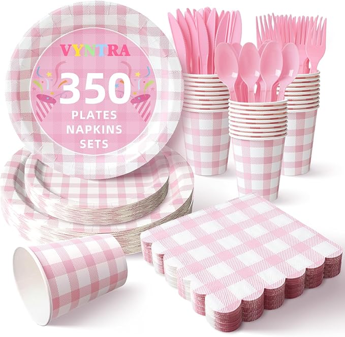 Vyntra 350 PCS Pink Gingham Party Supplies, Disposable 7 & 9 In Plates and Napkins, Cups, Knives, Forks, Spoons for Girl Birthday, Bridal Shower, Tea Party (PInk, Serves 50)