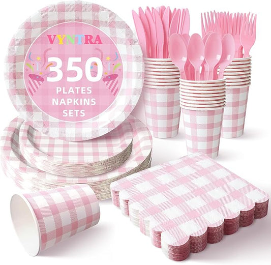 Vyntra 350 PCS Pink Gingham Party Supplies, Disposable 7 & 9 In Plates and Napkins, Cups, Knives, Forks, Spoons for Girl Birthday, Bridal Shower, Tea Party (PInk, Serves 50)