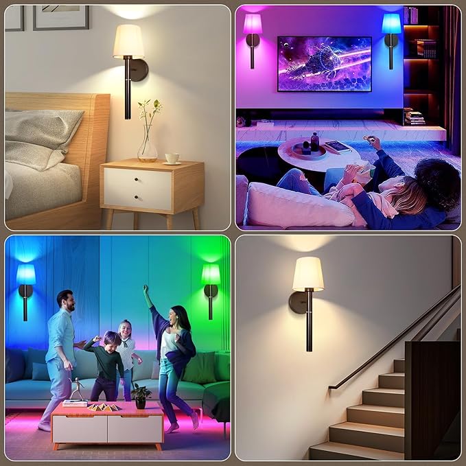 Battery Operated Wall Sconce Set of 2, 5200mAh RGB Wireless Wall Lights with Detachable Charging Stick & Dimmable Bulbs, 12 Colors Rechargeable Wall Lamps for Bedroom Living Room Hallway Decor, Black