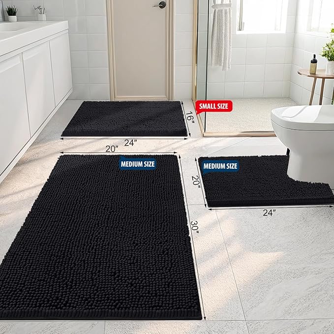 Smiry Luxury Chenille Bathroom Rugs 47x17, Extra Soft and Absorbent Shaggy Bath Mat, Machine Washable, Non-Slip Plush Carpet Runner for Tub, Shower, and Floor, Home Decor Accessories, Black
