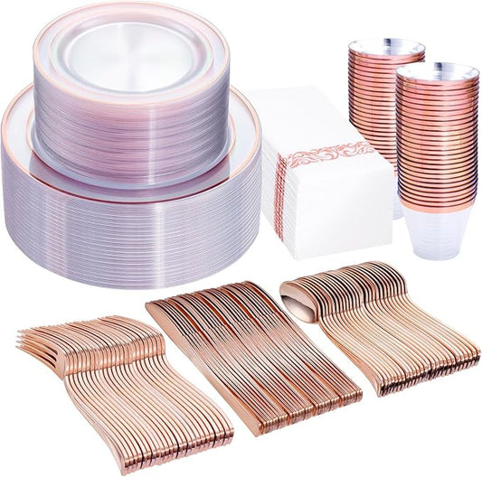 WELLIFE 350Pcs Rose Gold Plastic Plates for 50 Guests - Clear Plates for Party，Disposable Dinnerware Set Includes 100 Rose Gold plates,150 Silverware,50 Napkins,50 Cups for Party and Wedding