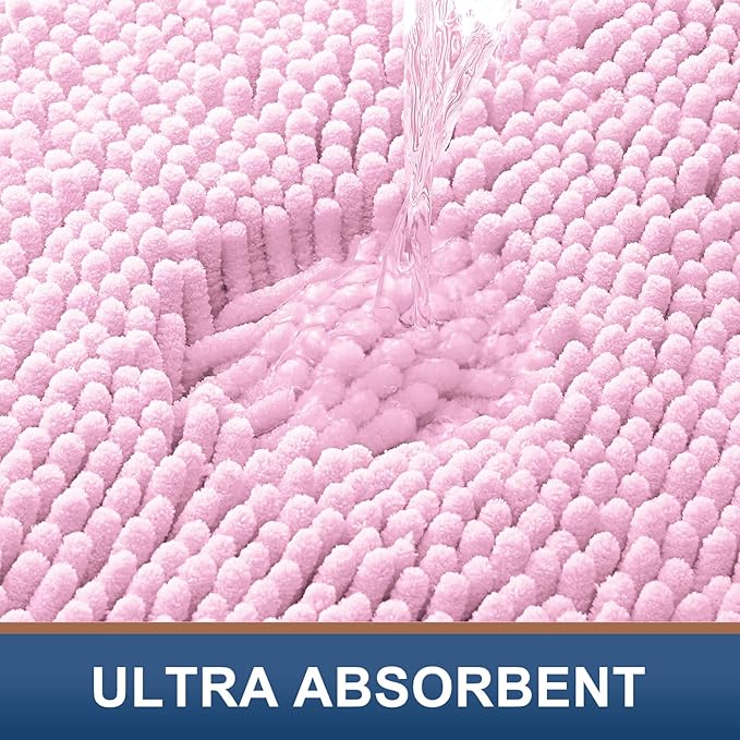 Smiry Luxury Chenille Bathroom Rugs 44x24, Extra Soft and Absorbent Shaggy Bath Mat, Machine Washable, Non-Slip Plush Carpet Runner for Tub, Shower, and Floor, Home Decor Accessories, Pink