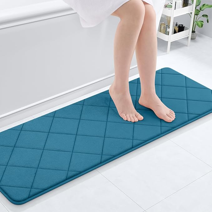 OLANLY Memory Foam Bath Mat 47x17, Ultra Soft and Absorbent Bathroom Rugs, Machine Washable, Comfortable Bath Carpet for Bathroom Floor, Tub and Shower, Peacock Blue