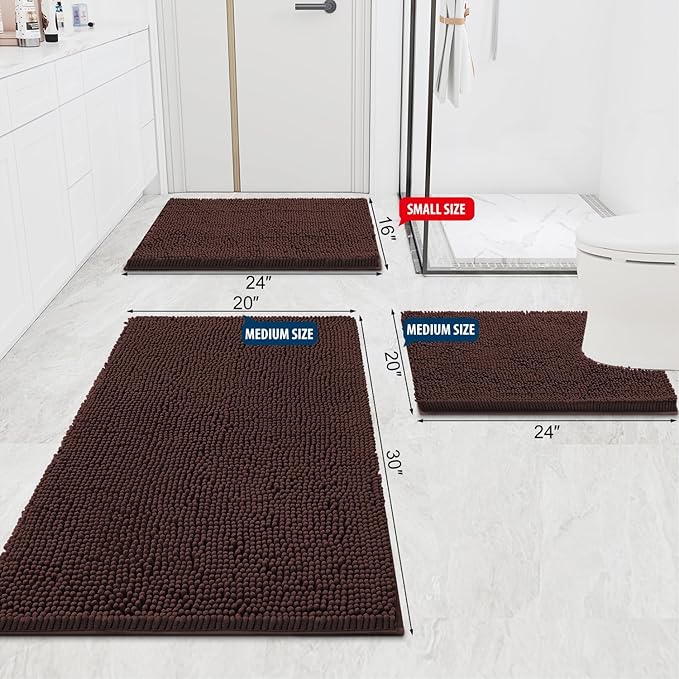Smiry Luxury Chenille Bathroom Rugs 50x30, Extra Soft and Absorbent Shaggy Bath Mat, Machine Washable, Non-Slip Plush Carpet Runner for Tub, Shower, and Floor, Home Decor Accessories, Brown