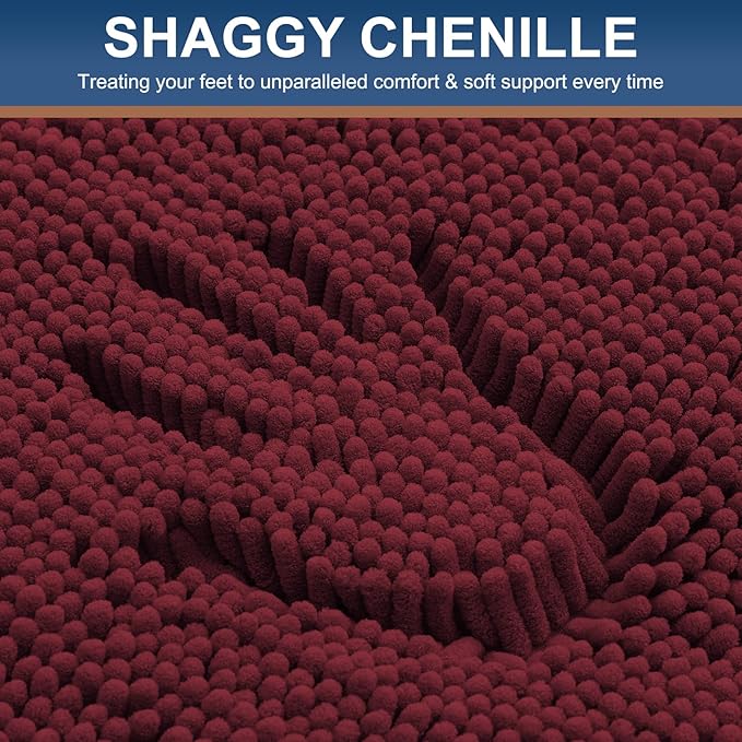 Smiry Luxury Chenille Bathroom Rugs 47x20, Extra Soft and Absorbent Shaggy Bath Mat, Machine Washable, Non-Slip Plush Carpet Runner for Tub, Shower, and Floor, Home Decor Accessories, Burgundy