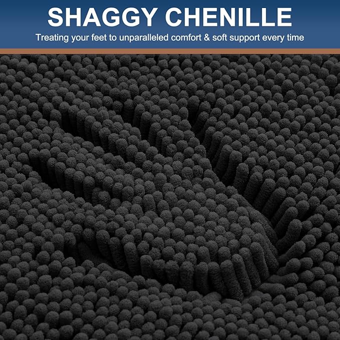 Smiry Luxury Chenille Bathroom Rugs 59x20, Extra Soft and Absorbent Shaggy Bath Mat, Machine Washable, Non-Slip Plush Carpet Runner for Tub, Shower, and Floor, Home Decor Accessories, Black
