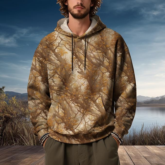 Mens Camo Hoodies Maple Leaf Graphic Camouflage Pullover Sweatshirts Hooded Fleece Casual Hunting Fall Outfits