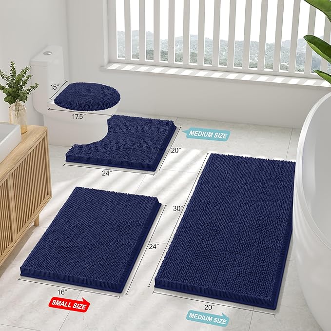 Smiry Luxury Chenille Bathroom Rugs 30x20, Extra Soft and Absorbent Shaggy Bath Mat, Machine Washable, Non-Slip Plush Carpet Runner for Tub, Shower, and Floor, Home Decor Accessories, Navy Blue