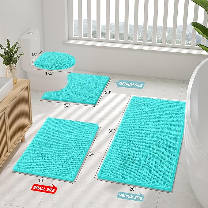 Smiry Luxury Chenille Bathroom Rugs 47x20, Extra Soft and Absorbent Shaggy Bath Mat, Machine Washable, Non-Slip Plush Carpet Runner for Tub, Shower, and Floor, Home Decor Accessories, Turquoise
