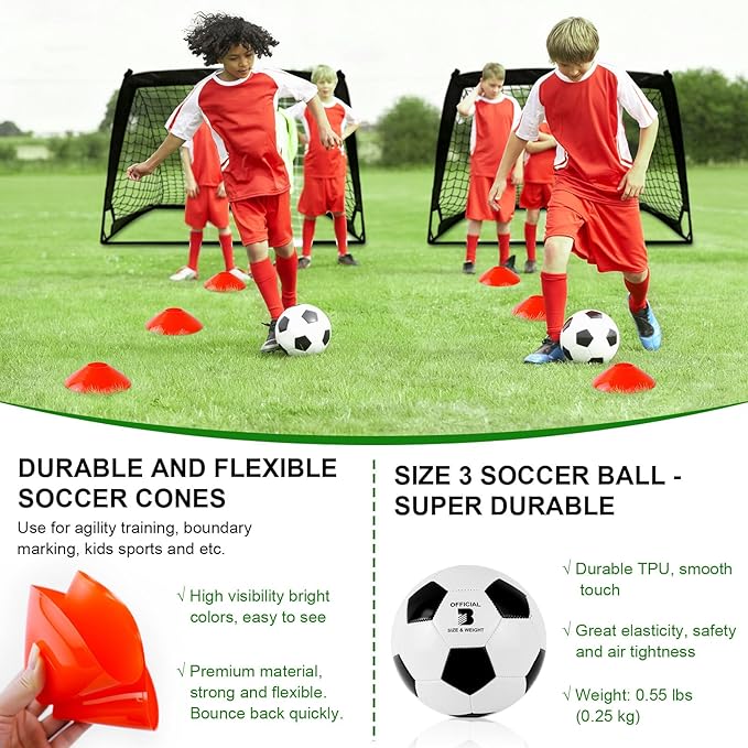 Kids Soccer Goals for Backyard Set - 2 Pack of 4' x 3' Portable Pop Up Soccer Nets, Training Equipment with Soccer Ball, Soccer Set for Kids Toddler and Youth Outdoor Games, Sports, Gifts