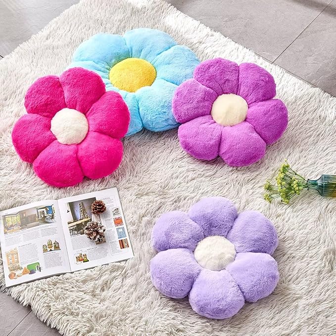 Lavender Flower Pillow, Cute Decorative Flower Shaped Throw Pillow with Faux Rabbit Fur, 19.6" Soft Flower Plush Throw Pillow Floor Pillows Room Décor for Bedroom Living Room