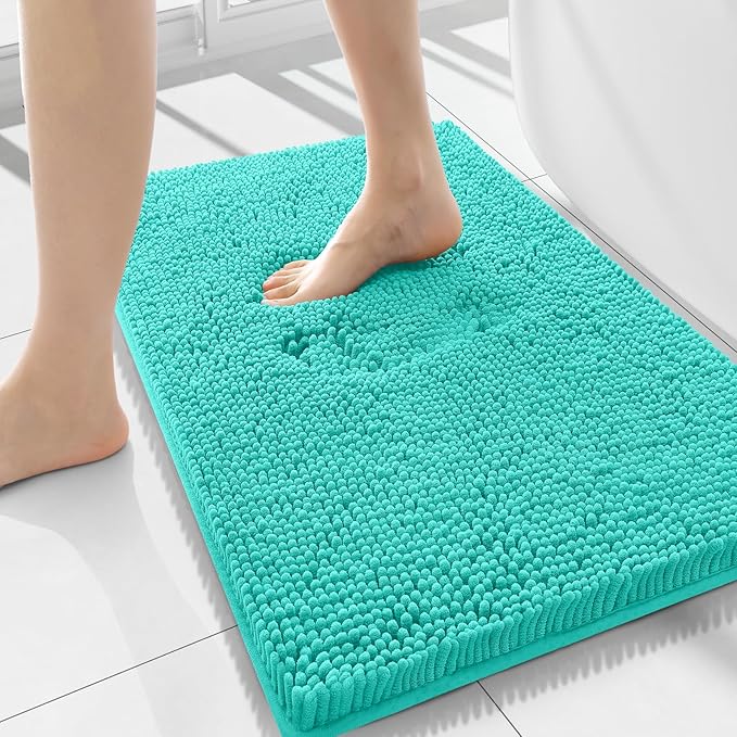 Smiry Luxury Chenille Bathroom Rugs 34x21, Extra Soft and Absorbent Shaggy Bath Mat, Machine Washable, Non-Slip Plush Carpet Runner for Tub, Shower, and Floor, Home Decor Accessories, Turquoise