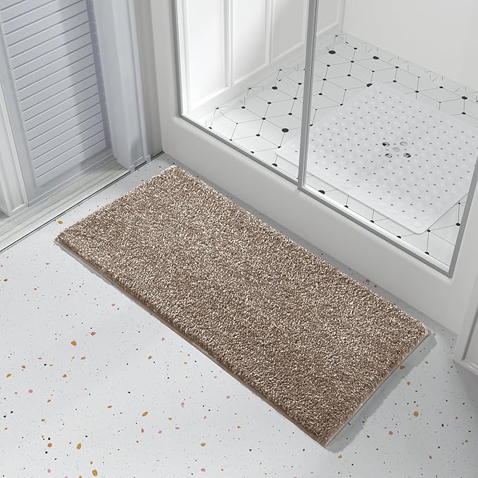 Yimobra Long Bathroom Rug Non Slip Washable, Soft Absorbent Microfiber Bath Mat, Dual-Tone Decor Rug with Rubber Backing for Bathroom Floor Tub and Shower,44x24,Home Essentials,Brown and White