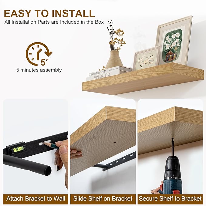 Fun Memories Floating Shelves for Wall, 36Inch Floating Shelves Set of 2, Hanging Shelf with Invisible Brackets, Bathroom Shelves for Living Room, Bedroom, Kitchen- Oak