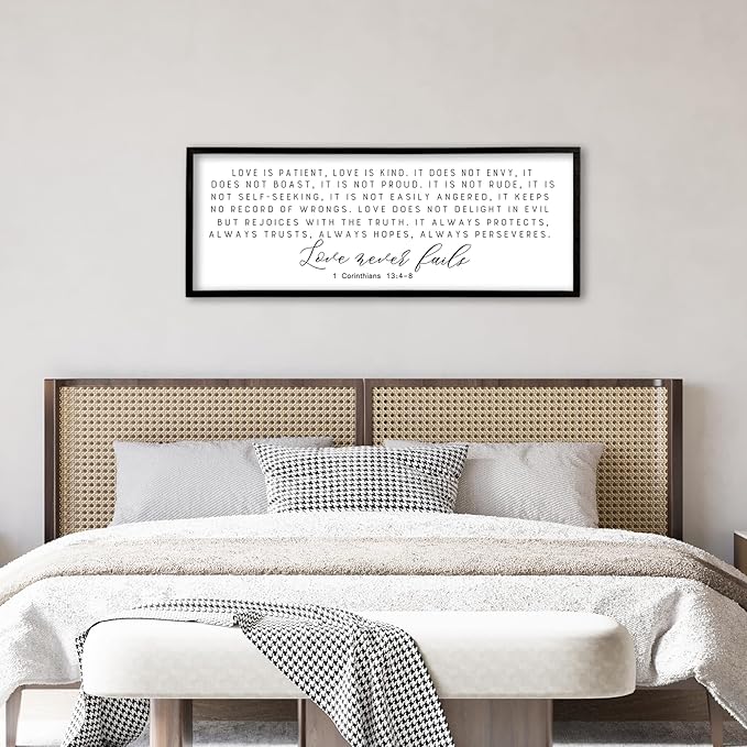 Love is Patient Kind Sign Wall Art 40"X15" 1 Corinthians 13 Bible Verse for Bedroom Above Over Bed Christianity Large Wood Framed Wall Hanging Decor (Black）