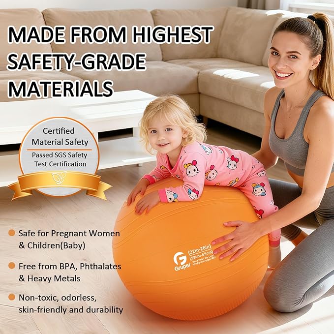 Gruper Yoga Ball, Multiple Sizes Non Slip Exercise Ball for Workout, Birthing, Balance, Stability, Pregnancy, 2200LB Capacity, Anti Burst Chair for Home and Office, Includes Quick Pump & Fitness Guide