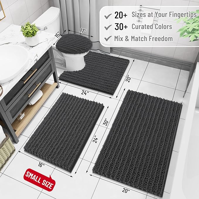 Arotive Luxury Chenille Bathroom Rug Mat, Extra Soft Thick Absorbent Shaggy Bath Rugs, Non-Slip Machine Wash Dry, Plush Bath Mats for Bathroom, Shower and Tub, 47x17, Dark Grey
