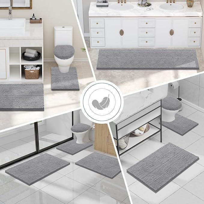 Smiry Luxury Chenille Bathroom Rugs 48x32, Extra Soft and Absorbent Shaggy Bath Mat, Machine Washable, Non-Slip Plush Carpet Runner for Tub, Shower, and Floor, Home Decor Accessories, Grey