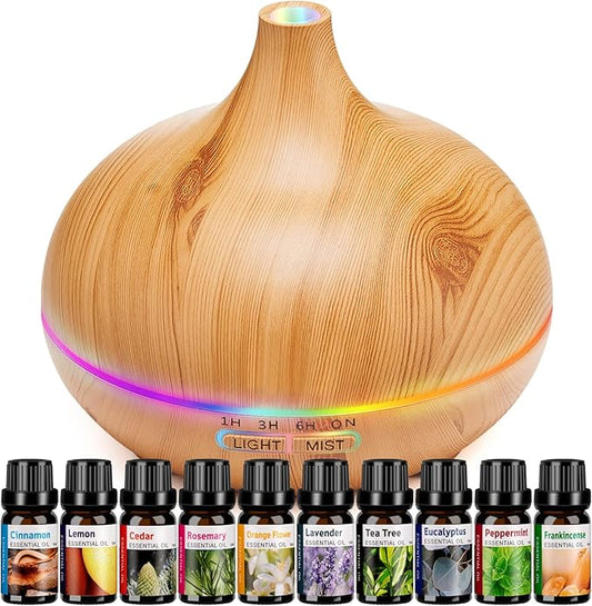 HLS Aroma Diffusers for Essential Oils Large Room with 10 Essential Oils,Ultrasonic Aromatherapy Diffuser for Home Bedroom, Cool Mist Humidifier Vaporizer