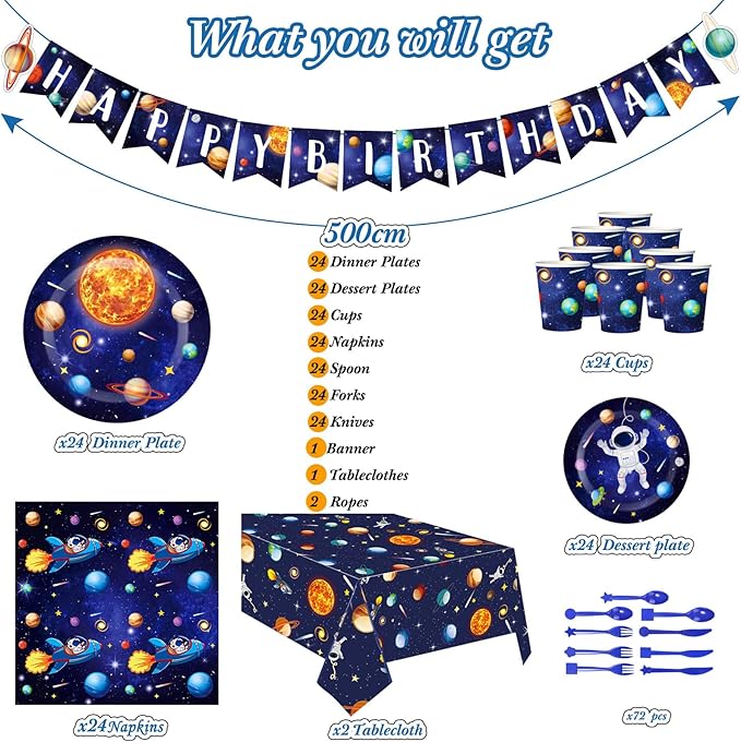 Outer Space Birthday Party Supplies Serve 24 Space Party Tableware Set, Happy Birthday Banner Solar System Tablecloth Paper Plates Cups Napkins Knives Forks Spoons for Solar Theme Activities Decor