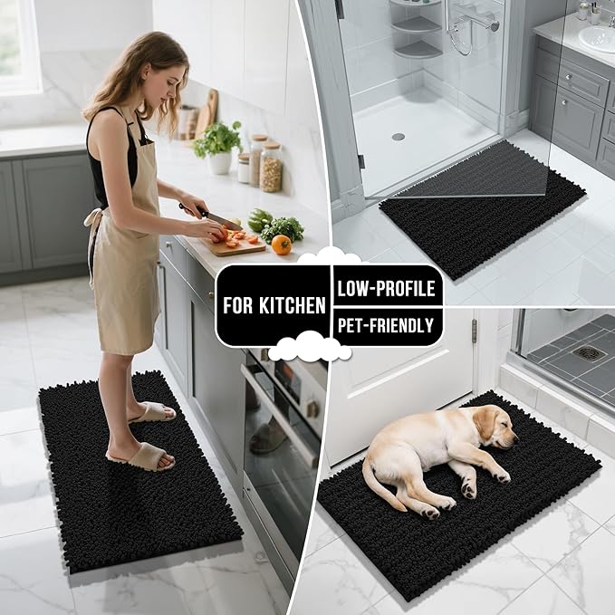 Yimobra Long Bathroom Rugs Non Slip Washable 44x24 Inch - Ultra Soft Absorbent Chenille Bath Mat, Quick Dry Shaggy Floor Carpet for Tub Shower, Black Home Decor Accessories