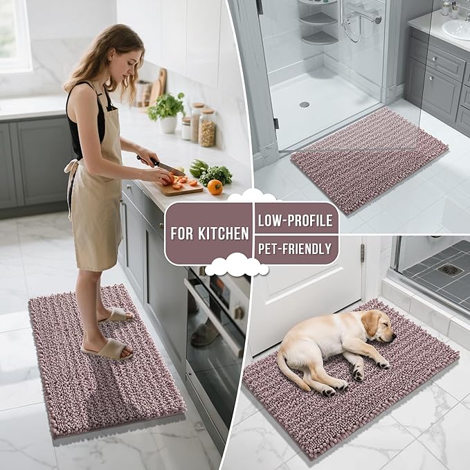 Yimobra Long Bathroom Rugs Non Slip Washable 44x24 Inch - Ultra Soft Absorbent Chenille Bath Mat, Quick Dry Shaggy Floor Carpet for Tub Shower, Mauve Home Decor Accessories