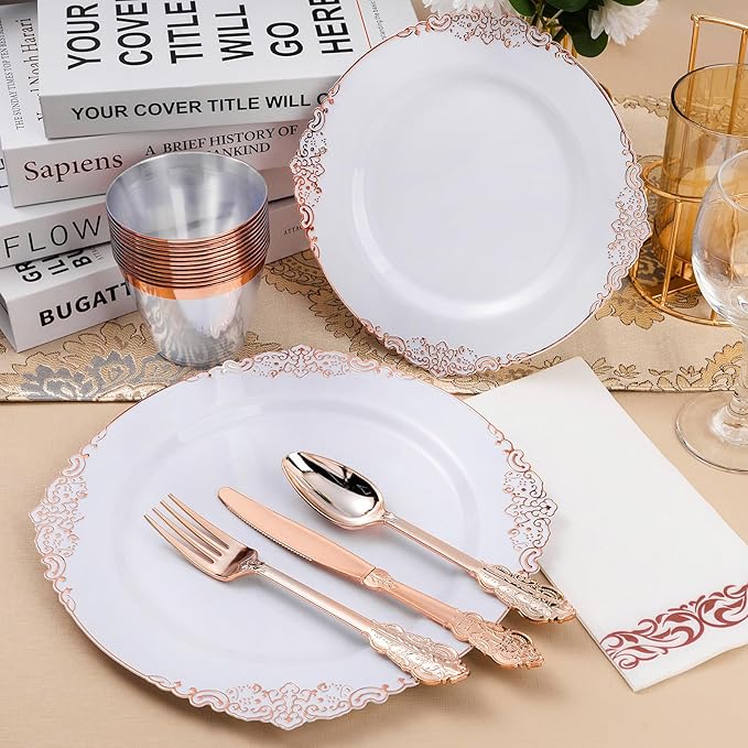 350PCS Rose Gold Plastic Plates for 50 Guests, Disposable Dinnerware Set Includes 100 Disposable Plates, 150 Rose Silverware, 50 Cups, 50 Napkins for Party, Wedding