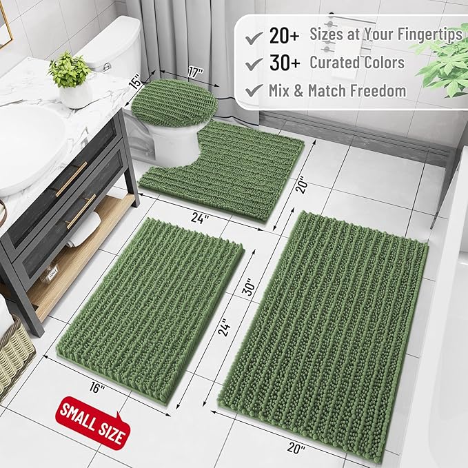 Arotive Luxury Chenille Bathroom Rug Mat, Extra Soft Thick Absorbent Shaggy Bath Rugs, Non-Slip Machine Wash Dry, Plush Bath Mats for Bathroom, Shower and Tub, 34x21, Olive Green