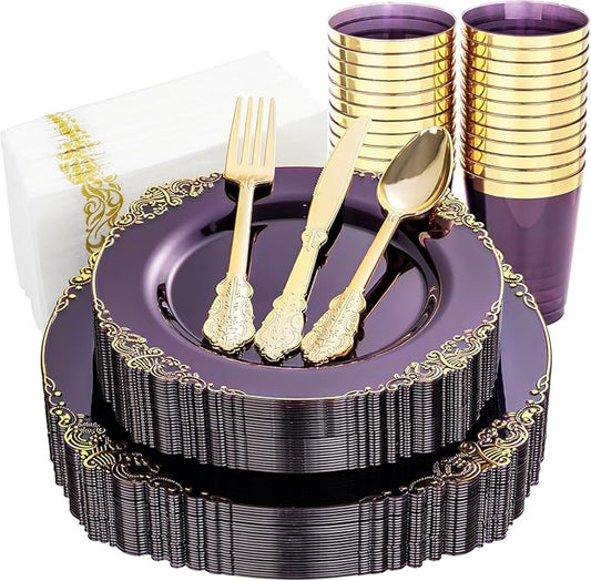 Nervure 175PCS Clear Purple Plastic Plates - Purple Party Plates Set for 25 Guests Include 25Dinner Plate, 25Dessert Plate, 25Cups, 75 Cutlery, 25Napkins Perfect for Wedding & Party & New Year