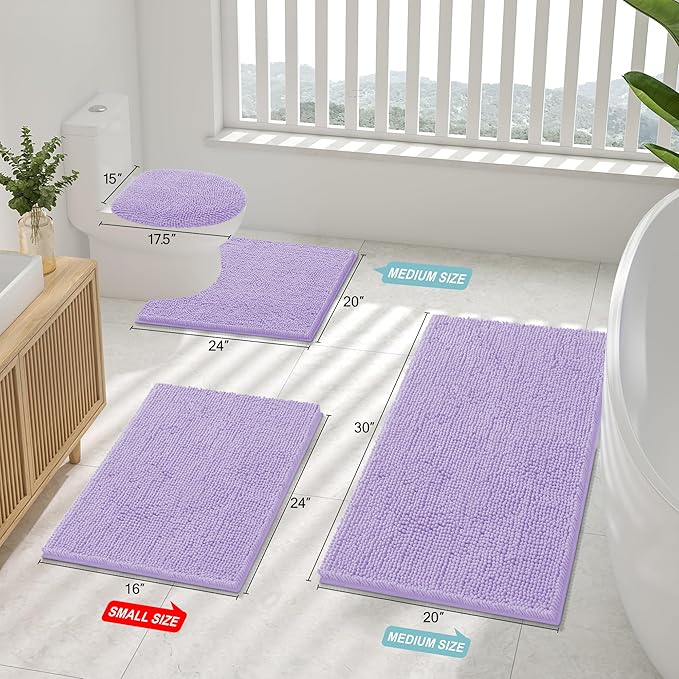 Smiry Luxury Chenille Bathroom Rugs 59x20, Extra Soft and Absorbent Shaggy Bath Mat, Machine Washable, Non-Slip Plush Carpet Runner for Tub, Shower, and Floor, Home Decor Accessories, Purple