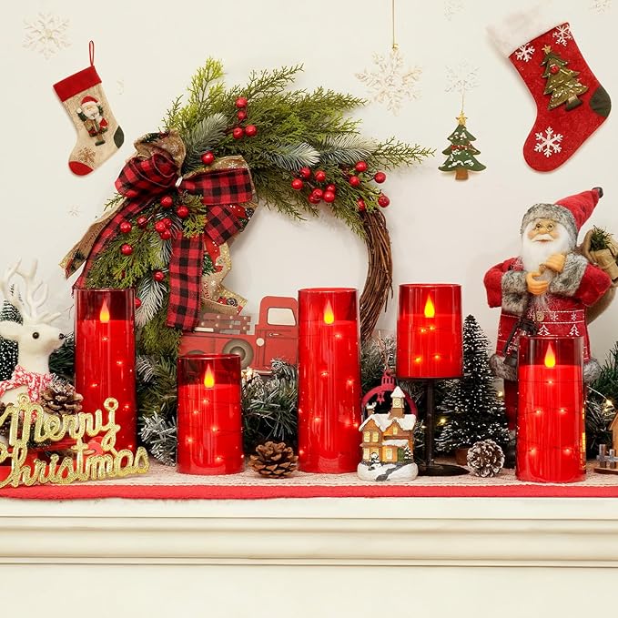 Homemory Acrylic Flameless Candles with Embedded Star String Fairy Lights, Battery Operated Candle, LED Candles, Fake Candles with Remote Control and Timer, Red, Set of 5(H4 5" 6" 8" 8")