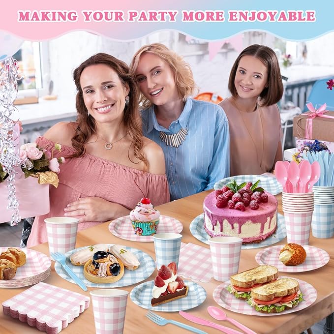 Vyntra 350 PCS Pink & Blue Gingham Party Supplies, Disposable 7 & 9 In Plates and Napkins, Cups, Knives, Forks, Spoons for Gender Reveal, Baby Shower, Birthday (Pink and Blue, Serves 50)