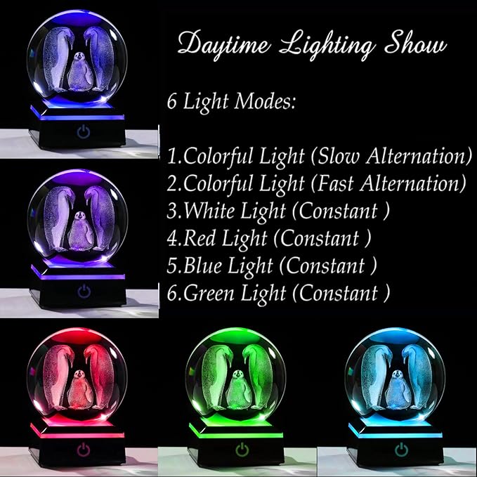 Qianwei Penguin Gifts for Women - 3D Crystal Ball 3.14'' Laser Penguin Decor Glass Animals Figurines Statue & Night Light
