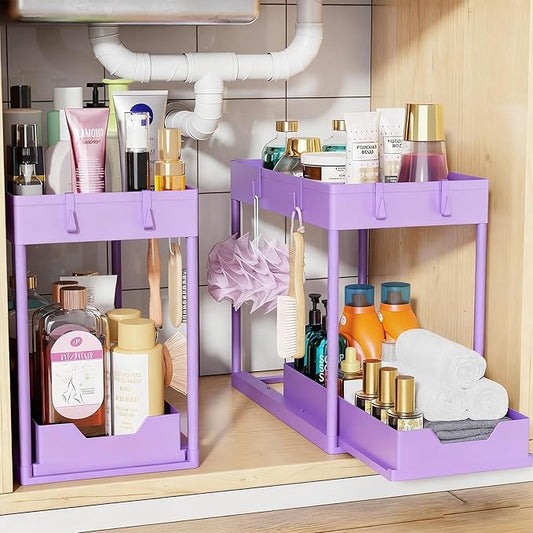 Simple Trending Under Sink Organizer 2 Pack, Sink Pull-Out Sliding Storage Cabinet, 2-Tier Under Shelf Organizer for Kitchen Bathroom, Purple
